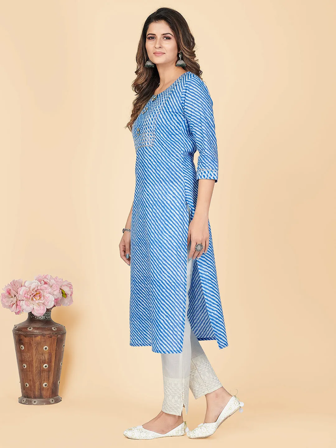 Women'S Printed & Gota Patti Straight Cotton Sky Blue Stitched Kurta