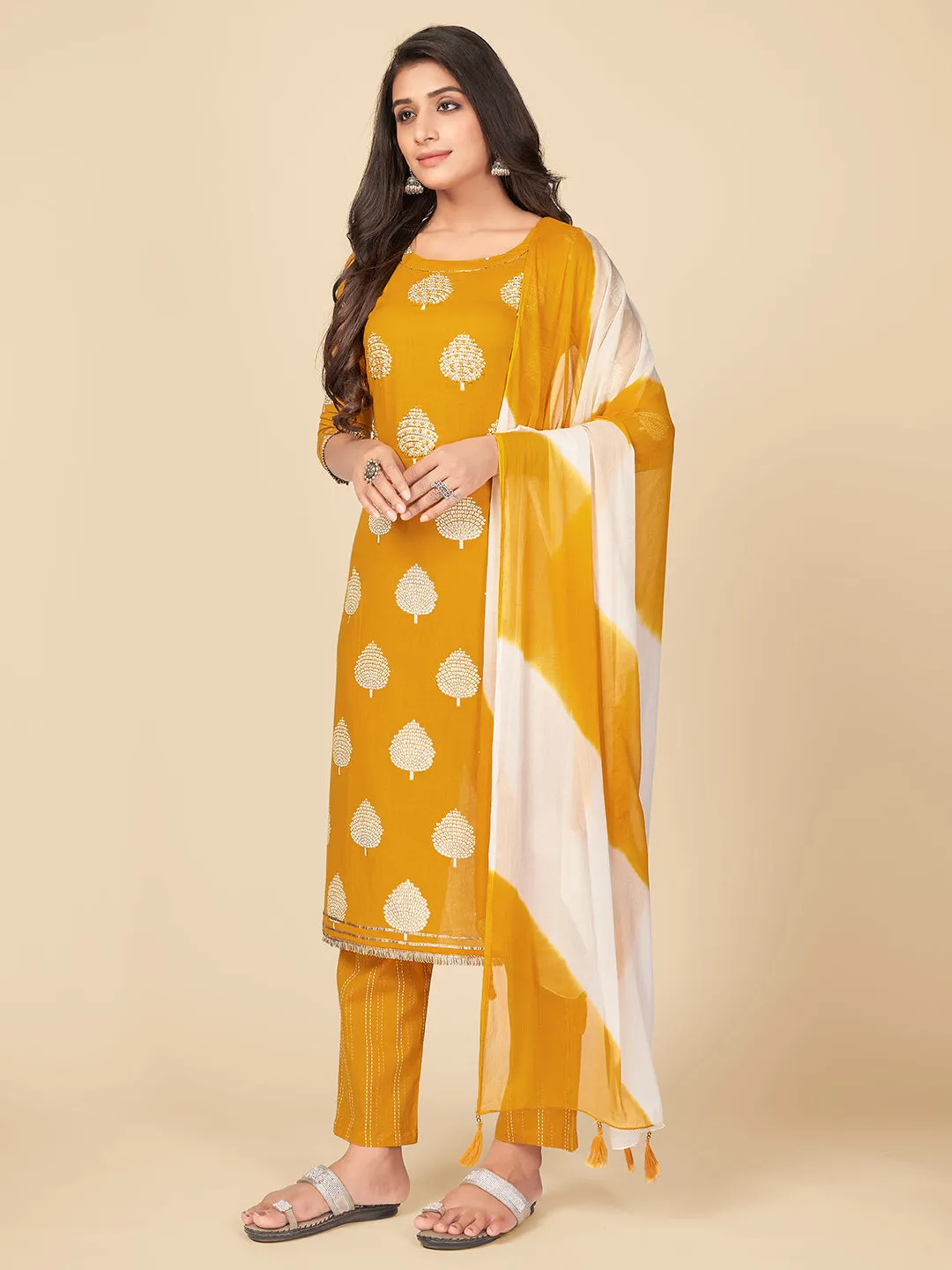 Women'S Printed & Hand Work Straight Cotton Yellow Kurta Pant With Dupatta