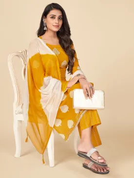 Women'S Printed & Hand Work Straight Cotton Yellow Kurta Pant With Dupatta