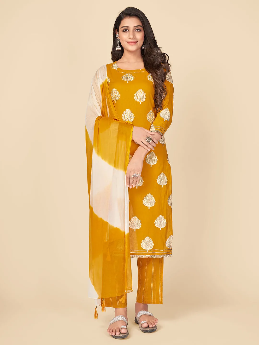 Women'S Printed & Hand Work Straight Cotton Yellow Kurta Pant With Dupatta