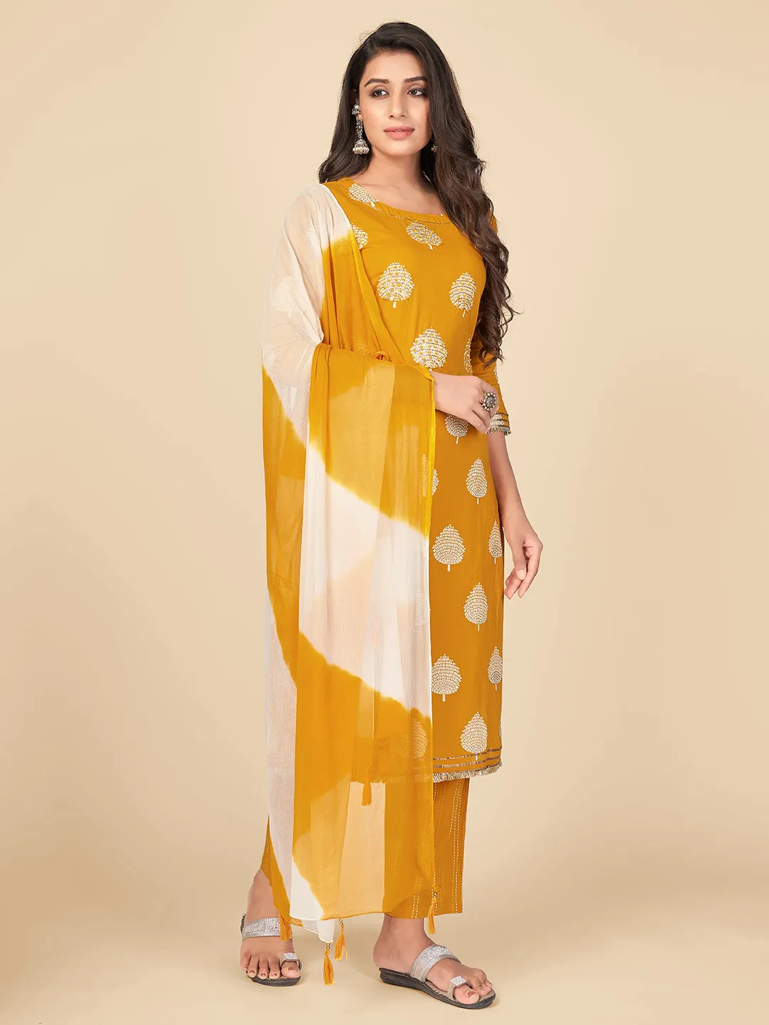 Women'S Printed & Hand Work Straight Cotton Yellow Kurta Pant With Dupatta