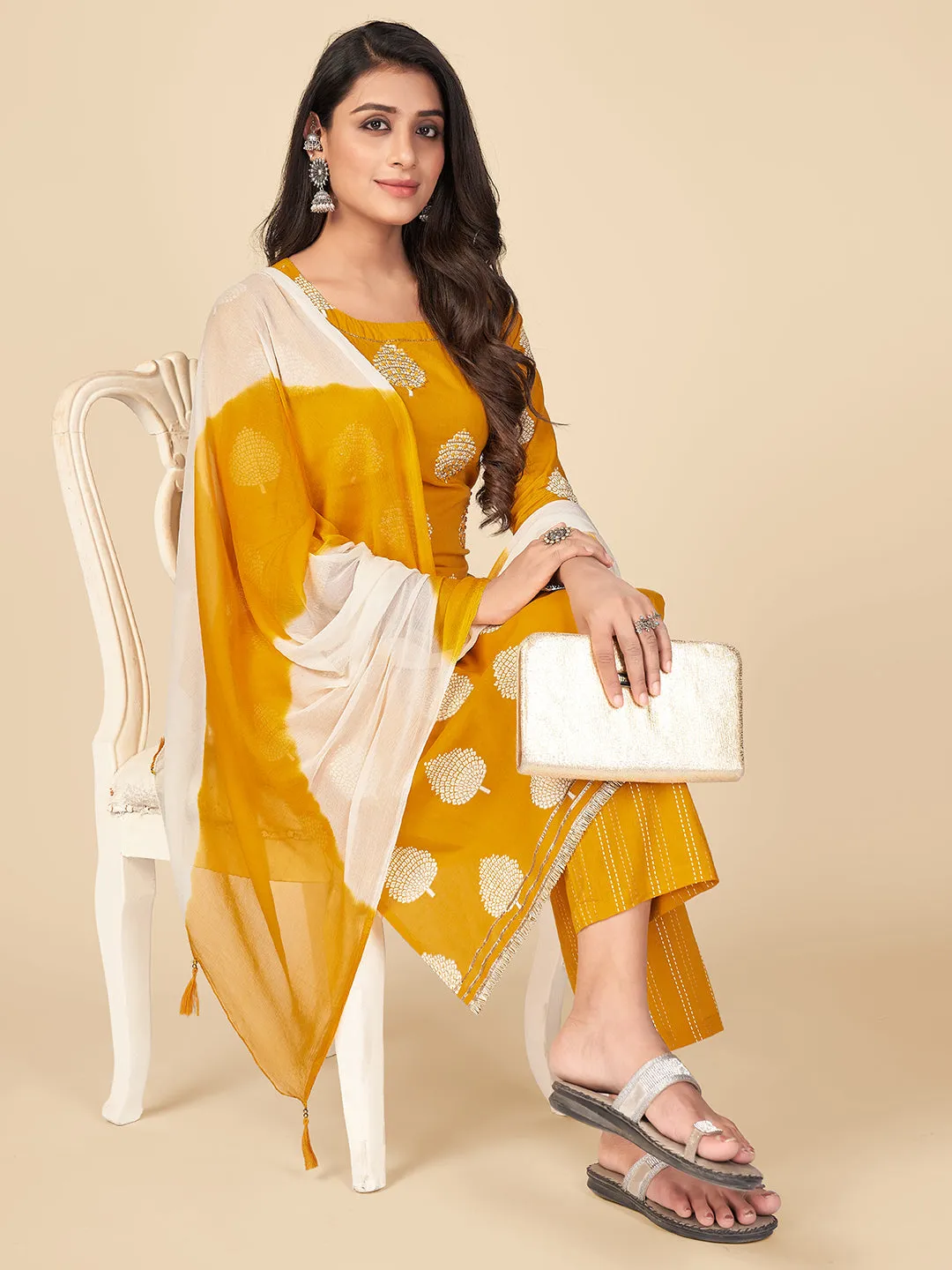 Women'S Printed & Hand Work Straight Cotton Yellow Kurta Pant With Dupatta