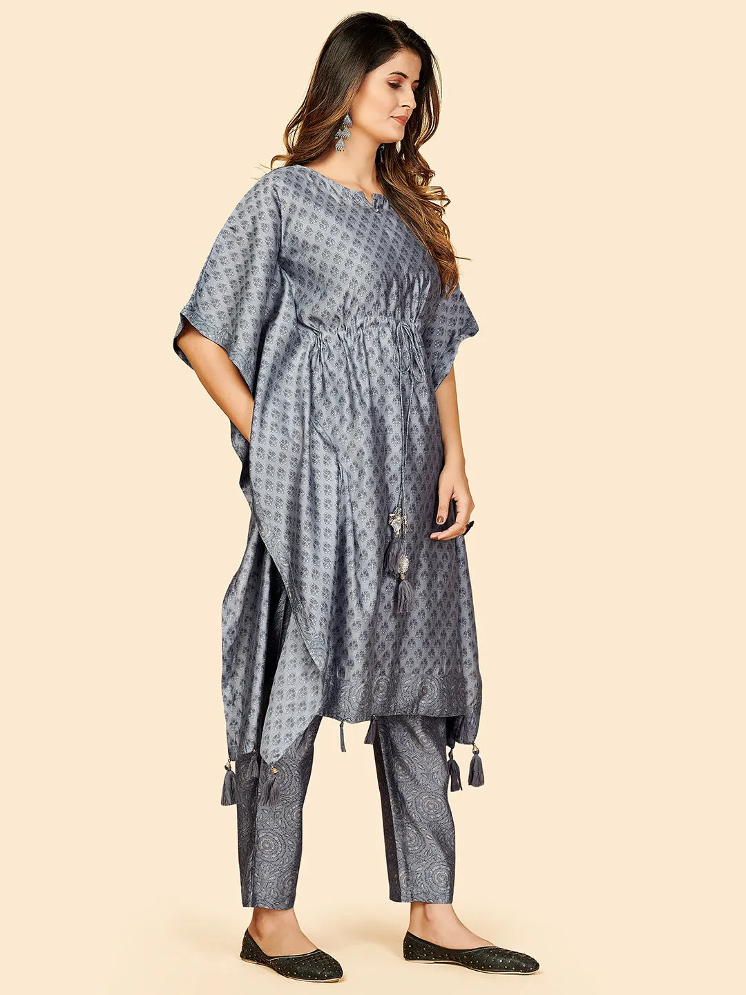 Women'S Printed  Muslin Grey Stitched Kaftan Kurta With Pant Set