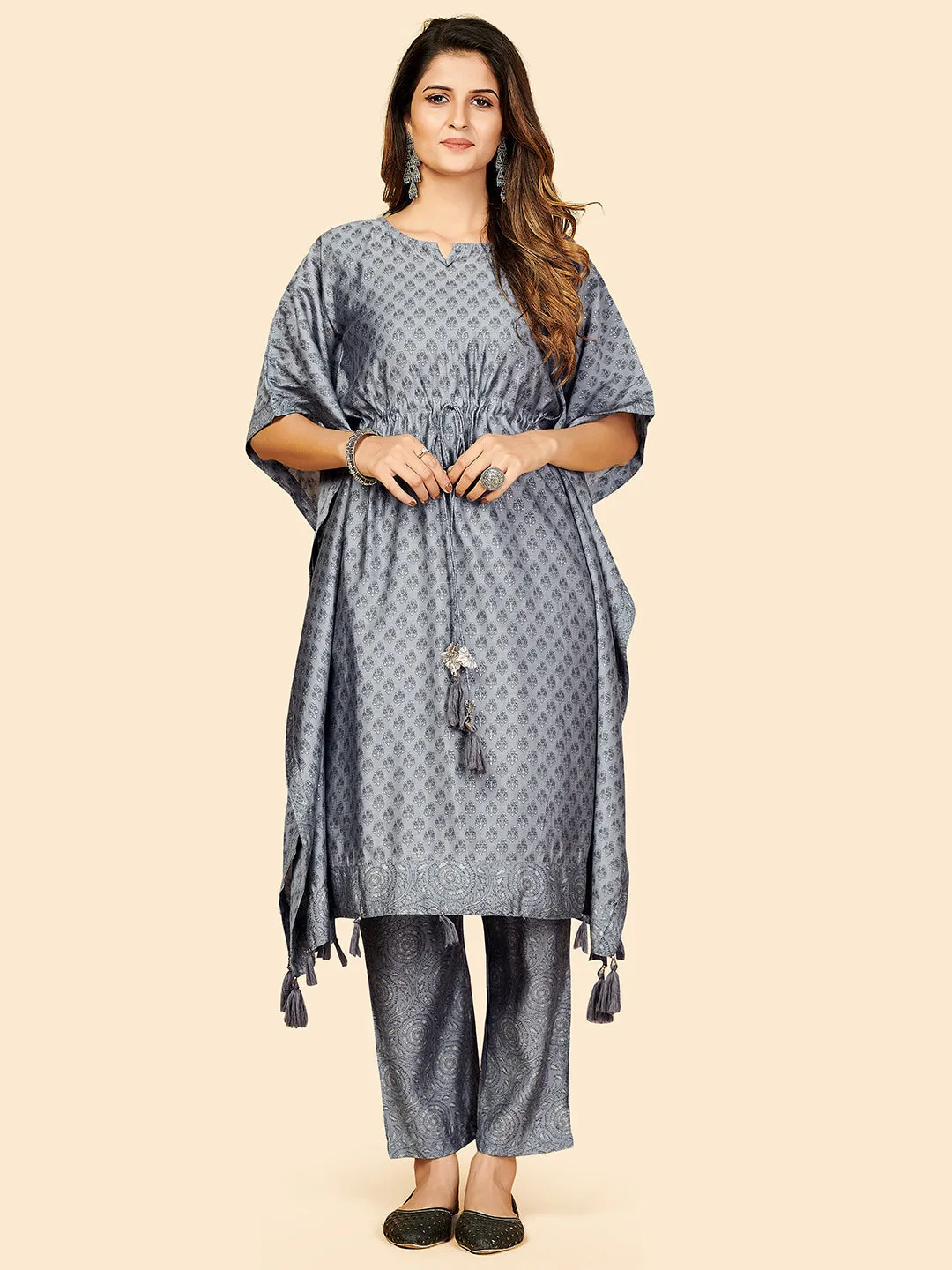 Women'S Printed  Muslin Grey Stitched Kaftan Kurta With Pant Set