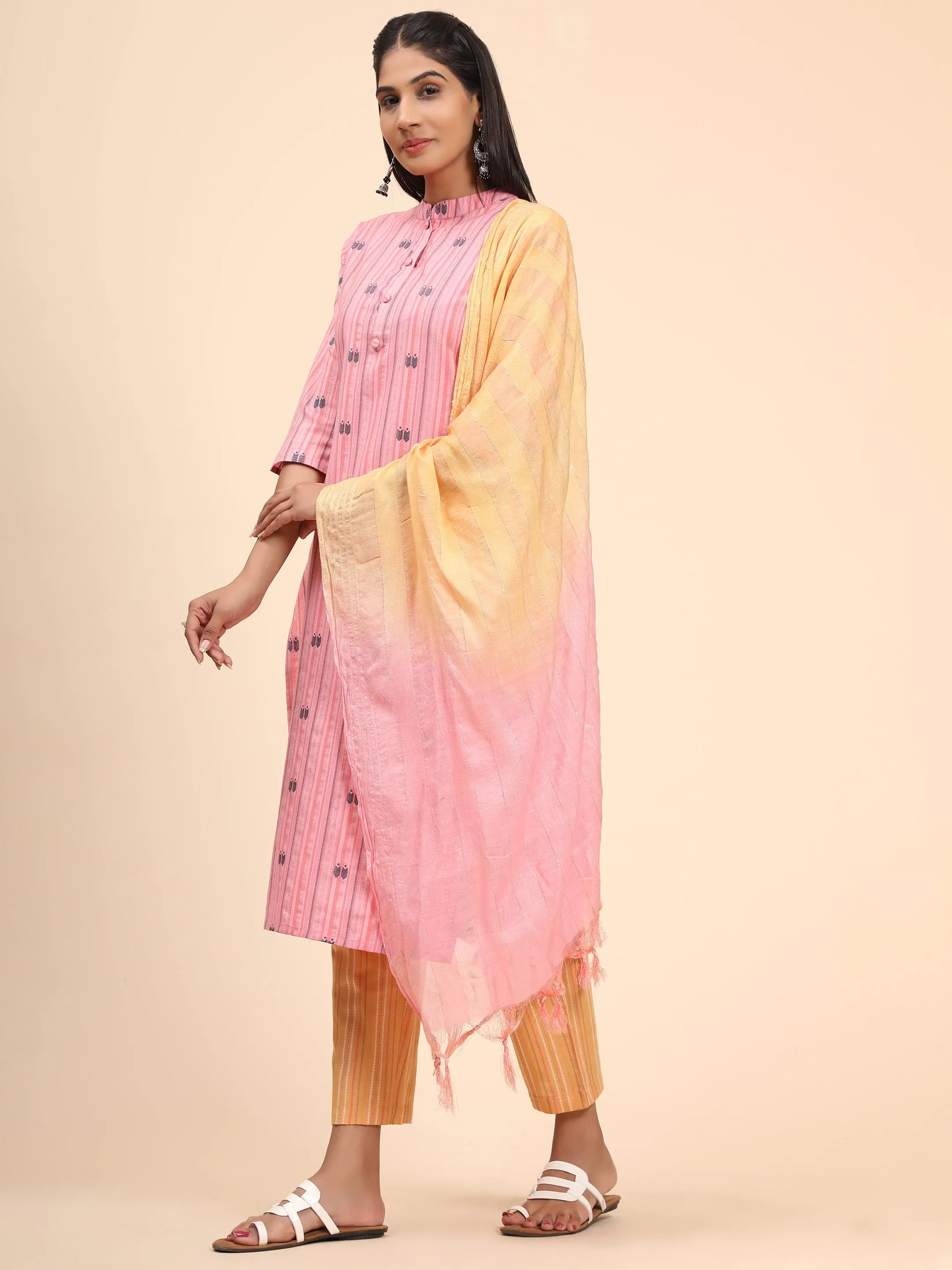 Women'S Printed Straight Cotton Blend Baby Pink Stitched Kurta Pant With Dupatta