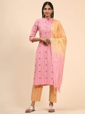 Women'S Printed Straight Cotton Blend Baby Pink Stitched Kurta Pant With Dupatta