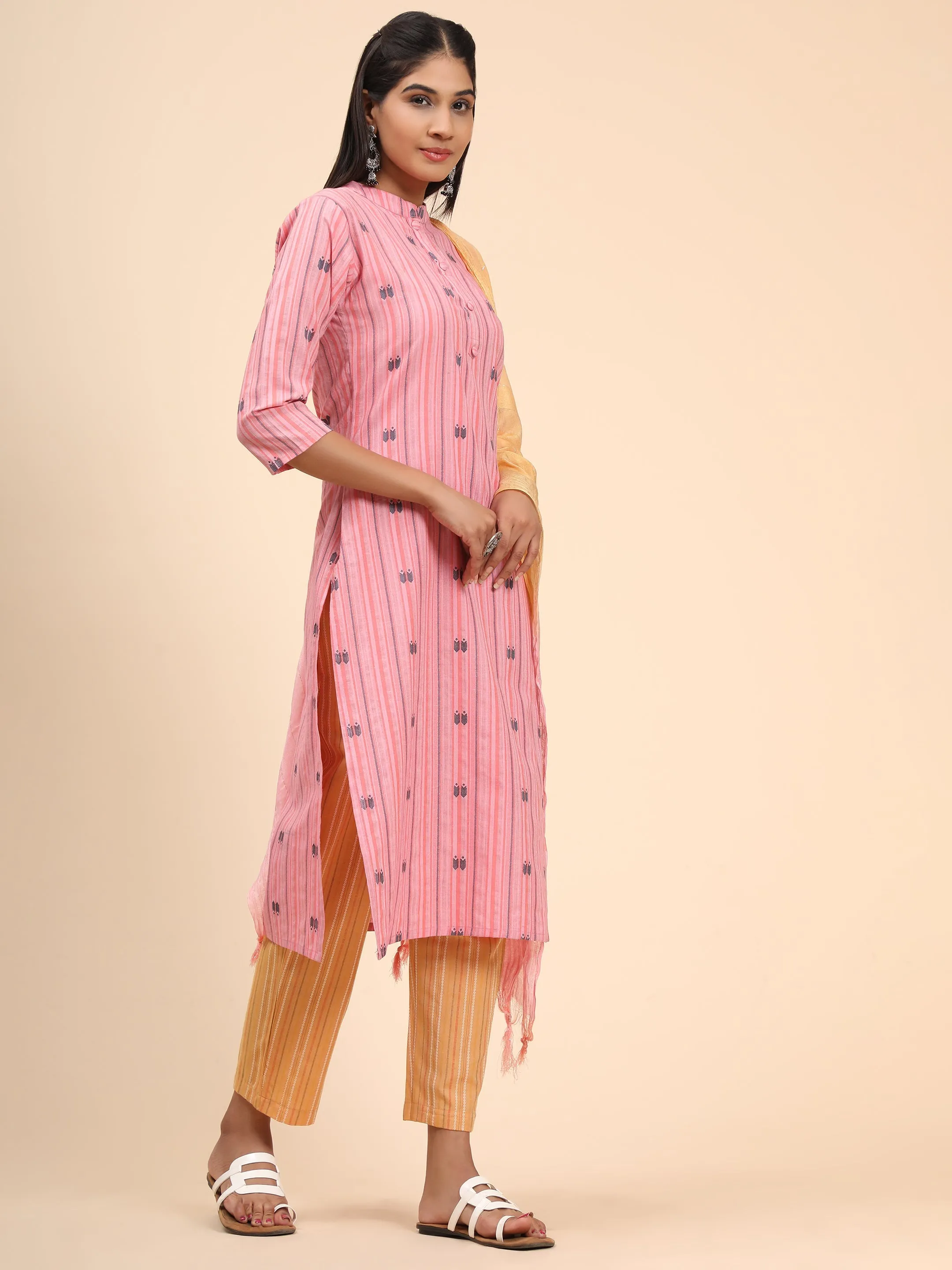 Women'S Printed Straight Cotton Blend Baby Pink Stitched Kurta Pant With Dupatta